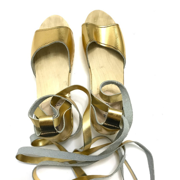 Loeffler Randall Inge Gold Lace-Up Wooden Sandals - Picture 3 of 6